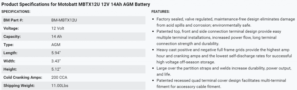 Motobatt Mbtx12u 12v 14ah Agm Battery Pentaras Motors 5826